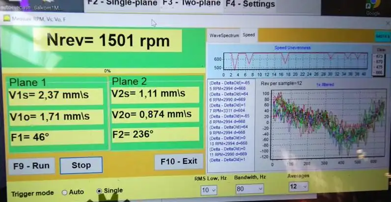 Balanceamento dinâmico do rotor. Valores de vibração e espectrograma.