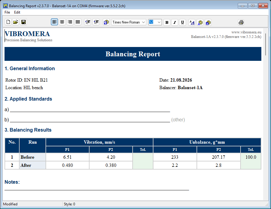 Example balancing report from the Balanset-1A manual