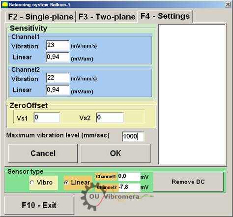 Fig. 2. Working window for entering conversion coefficients and selecting the type of used sensors