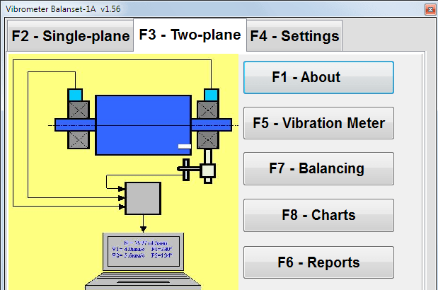 Software pro přenosný vyvažovací přístroj a analyzátor vibrací Balanset-1A. Obrazovka hlavní nabídky.