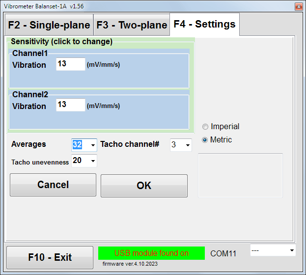 I dette vindue kan du ændre nogle af Balanset-1A's indstillinger.