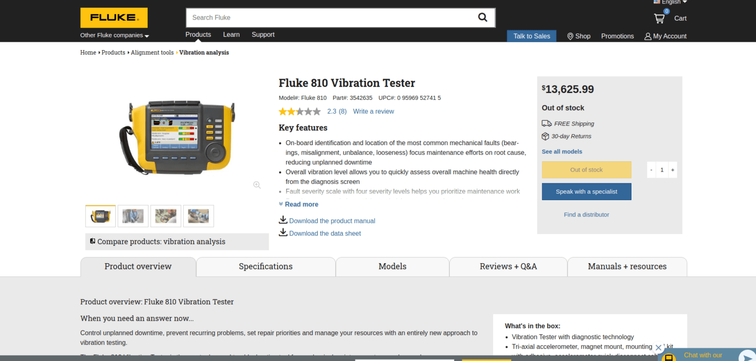 Fluke 810 振动测试仪- 用于机械故障分析的便携式诊断工具• 便携式平衡器、振动分析 仪“Balanset”，用于动态平衡破碎机、风扇、碎草机、联合收割机上的螺旋钻、轴、离心机、涡轮机和许多其他转子