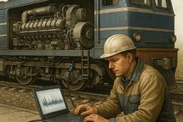 Engineer with laptop displaying vibration waveforms performs diagnostics on diesel locomotive engine with exposed components