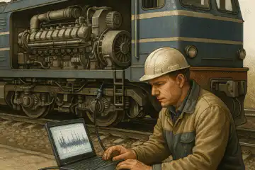 Engineer with laptop displaying vibration waveforms performs diagnostics on diesel locomotive engine with exposed components