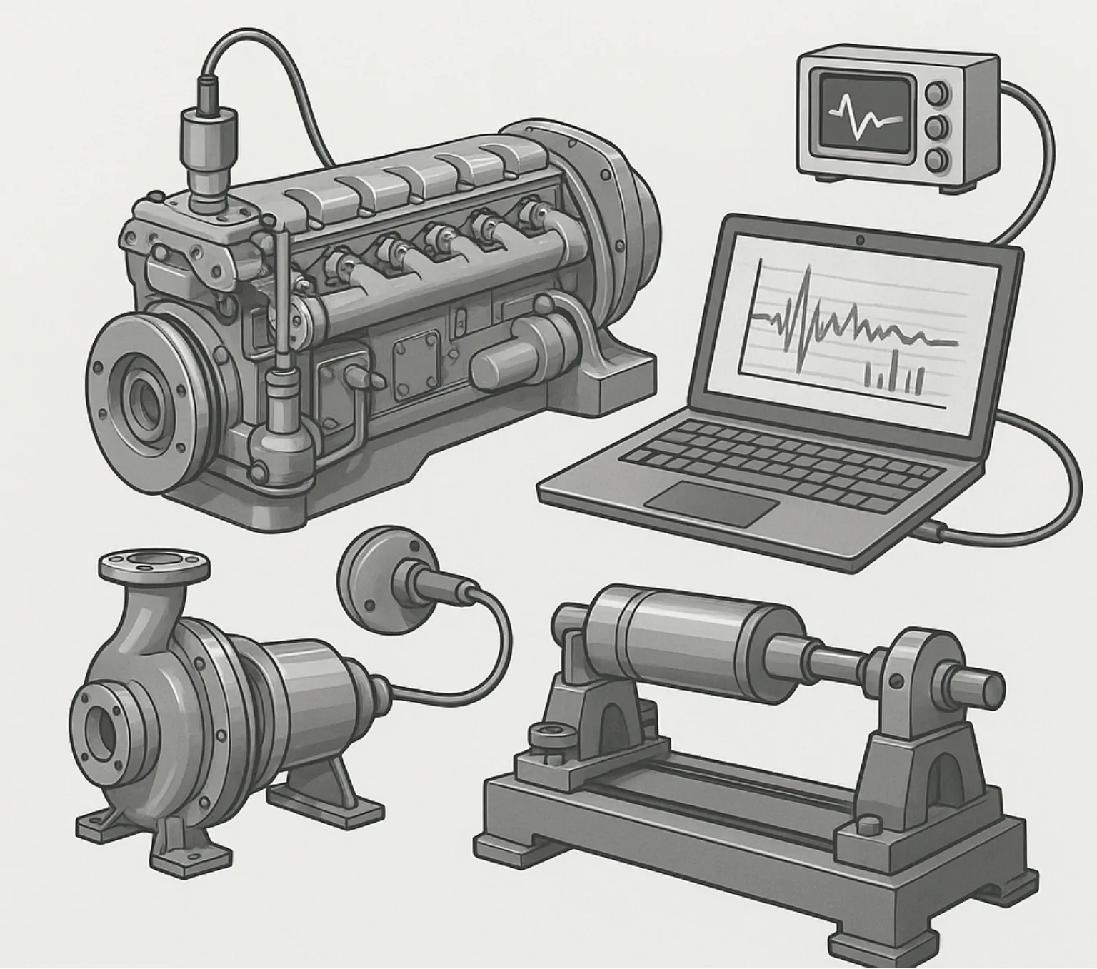 Vibration analysis setup showing engine, pump, lathe with sensors connected to laptop displaying waveforms and oscilloscope.