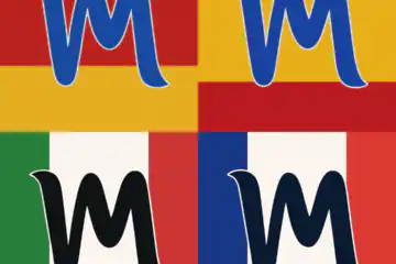 Vibromera logo displayed four times over German, Spanish, Italian, and French flags, representing multilingual vibration diagnostics support.