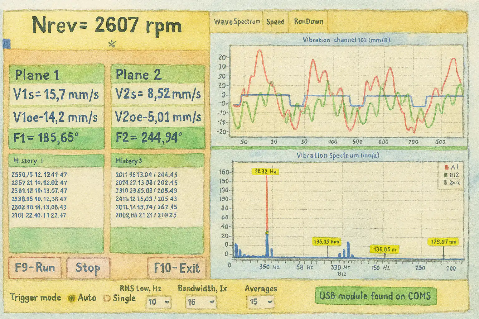 Balanset-1A two-channel vibration analyzer overview screen