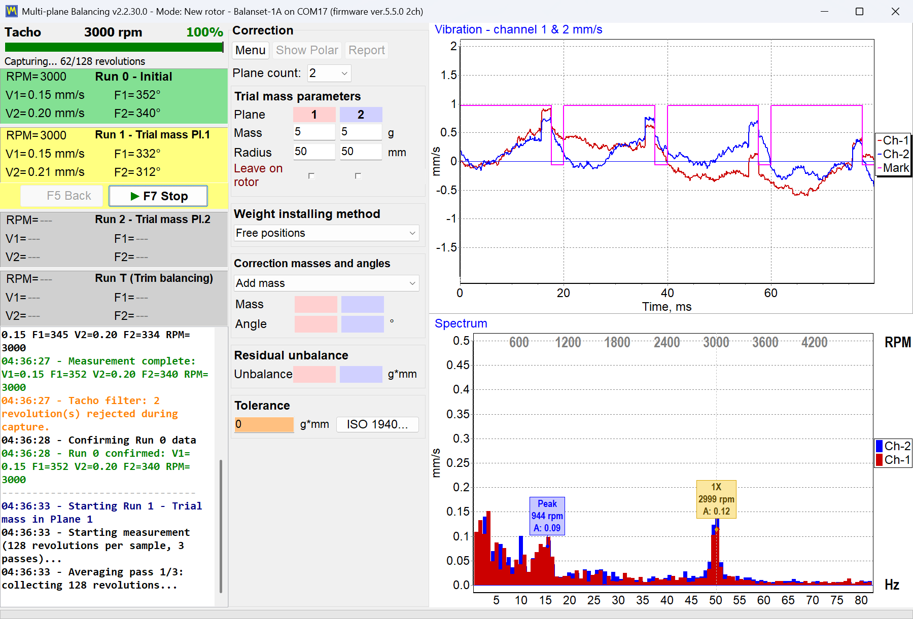 Balancing workspace of the Balanset software during a measurement run