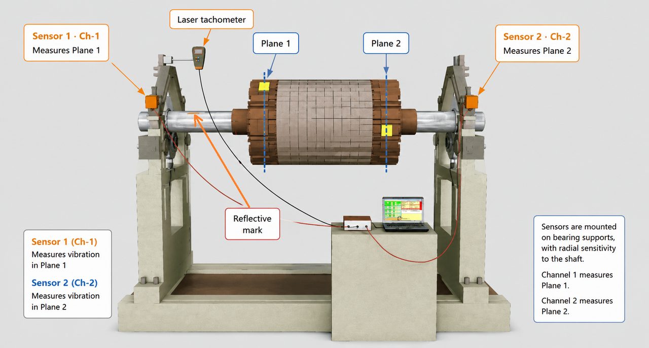 Balanset-1A on a rotor test stand: vibration sensor 1 on the left bearing support for plane 1, sensor 2 on the right support for plane 2, laser tachometer aimed at the reflective mark, measurement unit and laptop