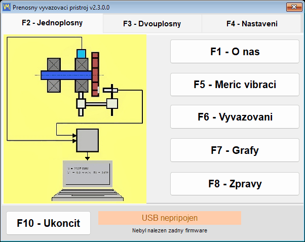 Stavový řádek hlavního okna hlásící, že modul USB není dostupný, s pomlčkami místo verze firmwaru