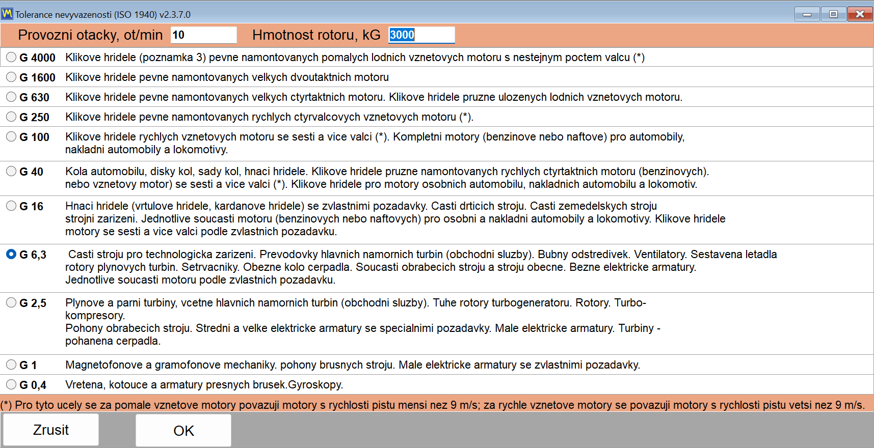 Okno tolerance ISO 1940 se seznamem tříd jakosti vyvážení, polem hmotnosti rotoru a polem provozních otáček