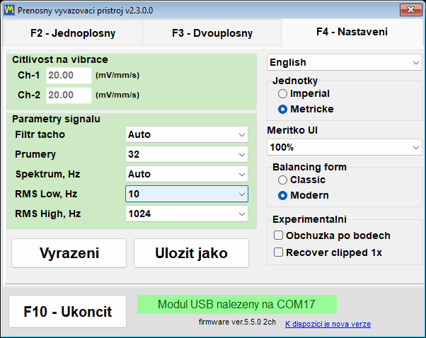 Skupina Units na kartě Nastavení s vybranou volbou Imperial místo Metric