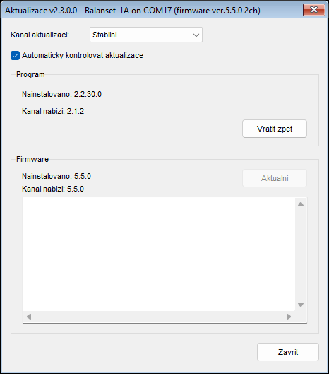Okno Updates s vybraným kanálem Stable, zobrazující blok Program a blok Firmware pro připojené zařízení