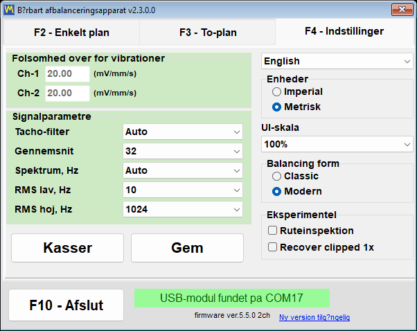Gruppen Balancing form på fanen Settings, med Classic og Modern som de to valgmuligheder