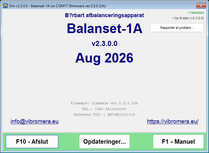 Vinduet About med indikatorerne for opdateringsserveren, der viser en tilsluttet server og en opdateret installation