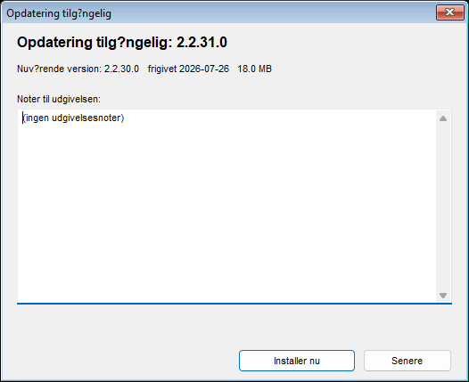Vinduet for installation af opdateringen med det nye versionsnummer, den aktuelle version, udgivelsesdatoen, downloadstørrelsen og udgivelsesnoterne