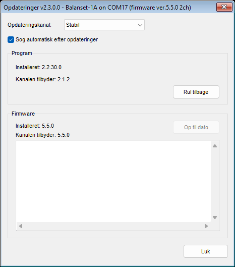 Vinduet Updates med kanalen Stable valgt, der viser blokken Program og blokken Firmware for en tilsluttet enhed