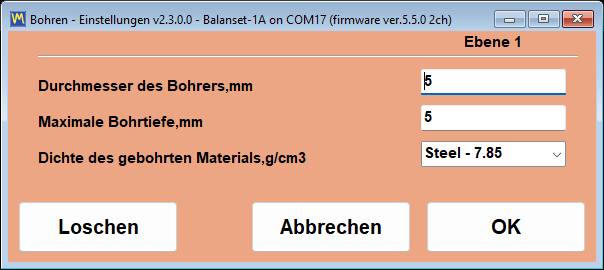 Das Fenster für die Bohreinstellungen mit Feldern für Bohrerdurchmesser, maximale Tiefe und Materialdichte sowie der resultierenden Tiefe, Bohrungsanzahl und dem Winkel