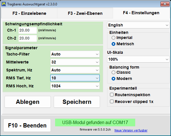 Die Gruppe Units auf der Registerkarte Settings mit ausgewähltem Imperial anstelle von Metric