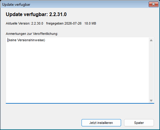 Das Fenster für die Update-Installation mit der neuen Versionsnummer, der aktuellen Version, dem Veröffentlichungsdatum, der Downloadgröße und den Versionshinweisen