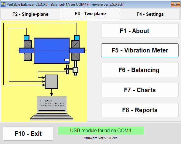 The main window immediately after the first start, with a two-channel Balanset-1A connected on COM4 and the program version in the title bar