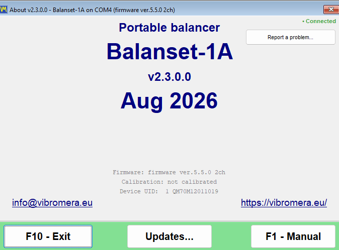 The About window listing the program version, the device firmware version, the calibration state, the Device UID and the build date