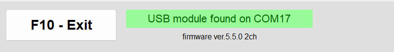 Green USB status line showing the connected Balanset module, its COM port and its firmware version