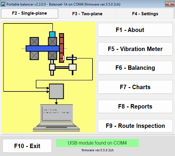 Balanset main window with a connected instrument: measurement mode buttons, live channel readouts and the USB status line