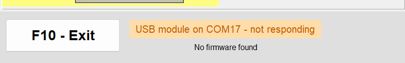 The status bar of the main window reporting that the USB module is not available, with dashes instead of a firmware version