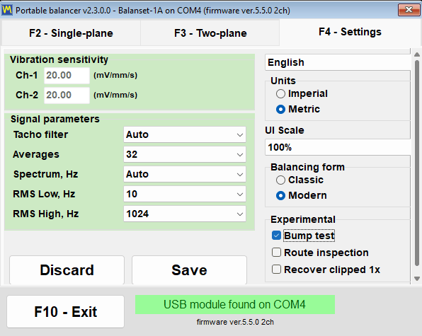 Settings tab with the experimental Bump test checkbox that enables the feature