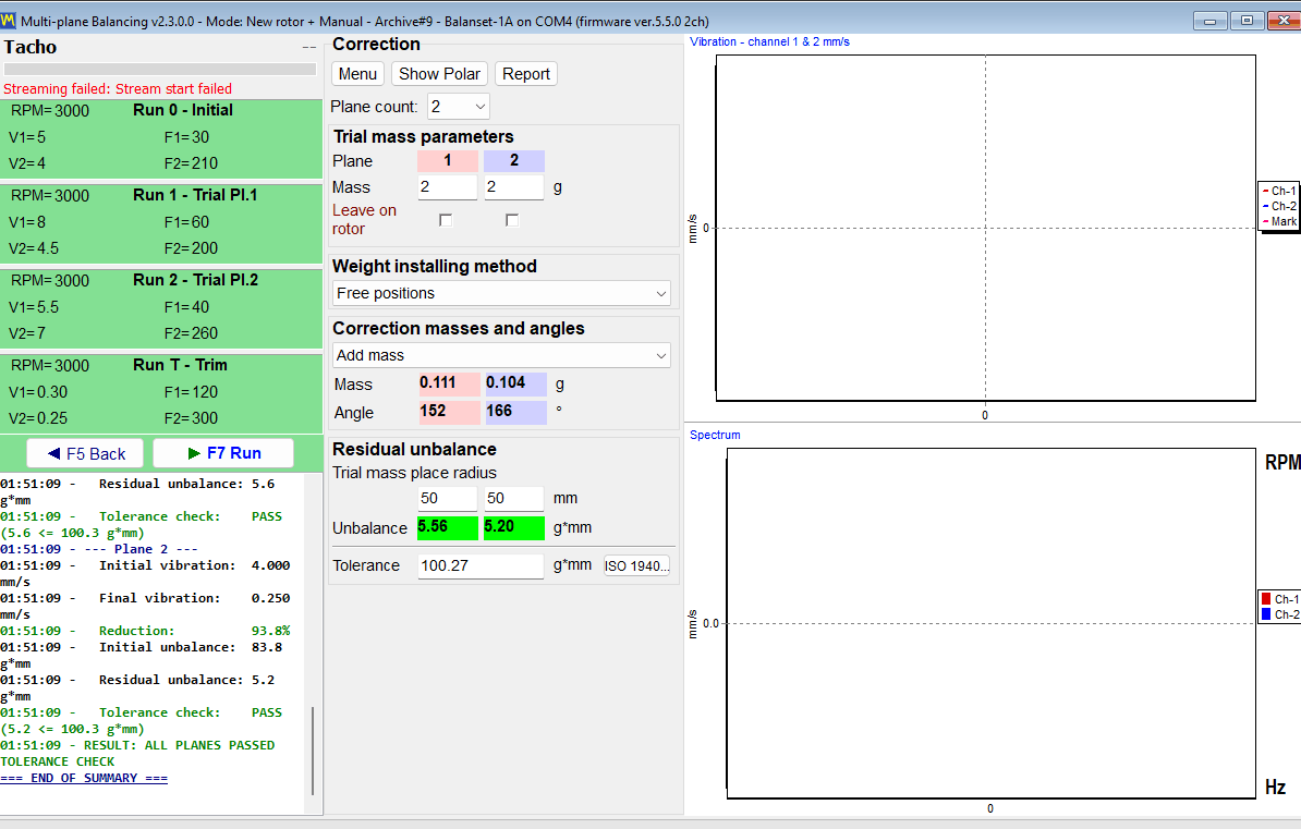 Finished calculation showing the correction mass in grams and the installation angle in degrees in each plane column
