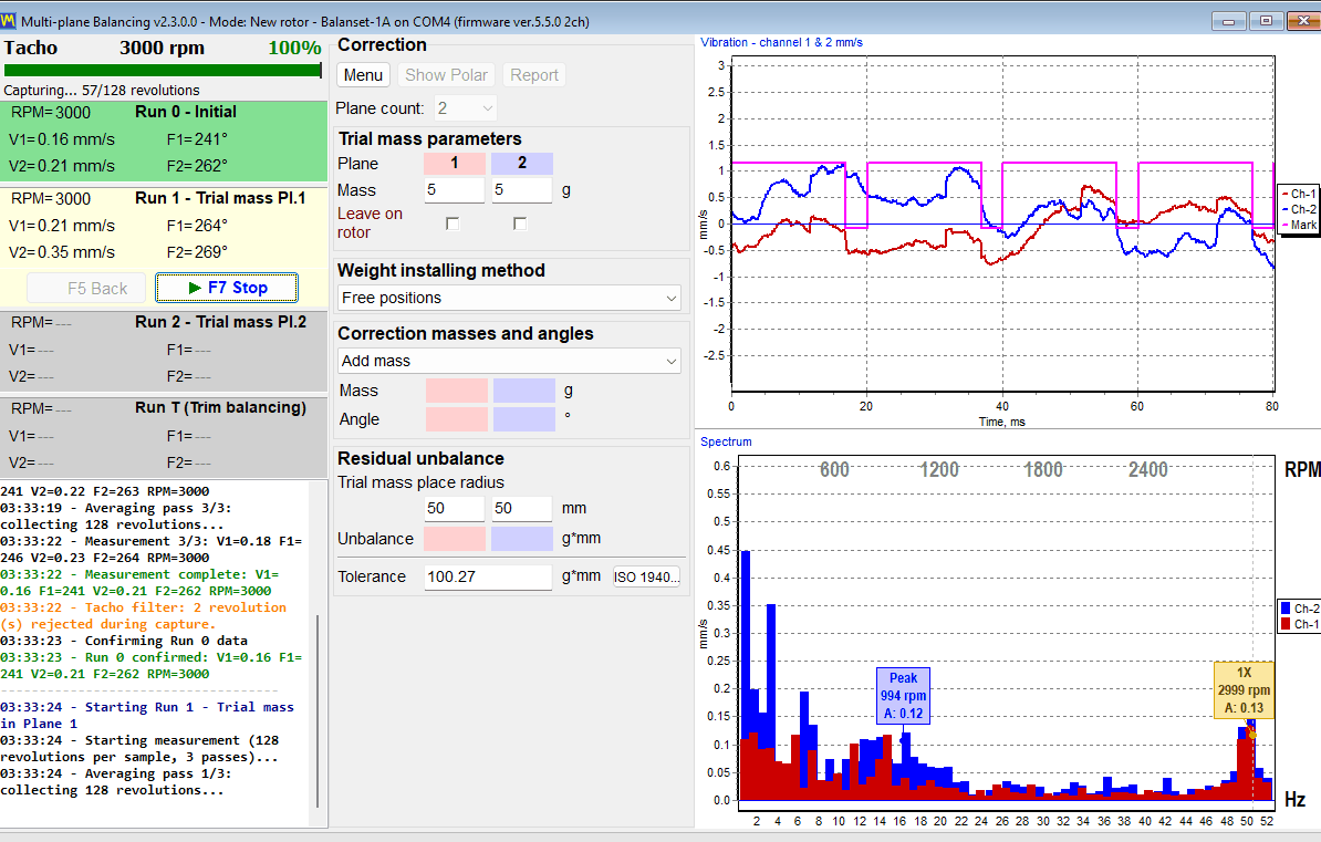 Balancing window with Run 0 already measured and the Run 1 trial mass card active, plane parameters filled in on the left