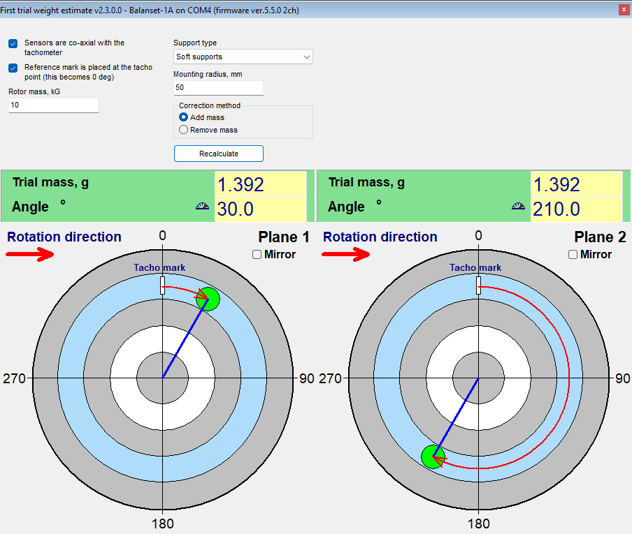 First trial weight estimate window of the Balanset software: rotor mass, support type and radius as inputs, suggested trial mass and angle drawn on polar diagrams