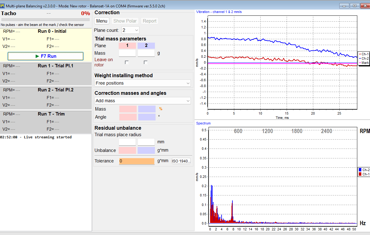 The Multi-plane Balancing window with the run cards down one side, the plane parameter fields and the live charts