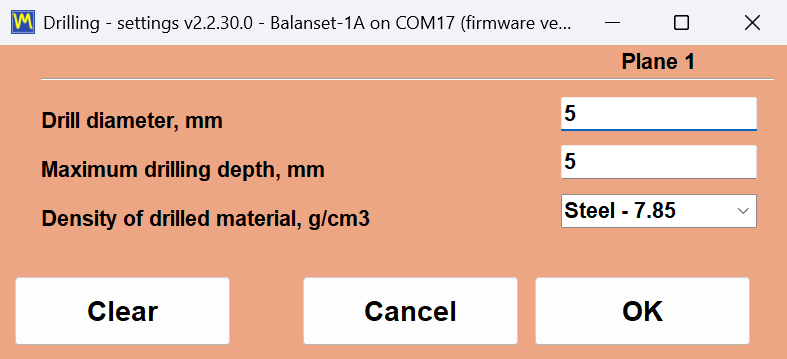 The drilling settings window with fields for drill diameter, maximum depth and material density, and the resulting depth, hole count and angle