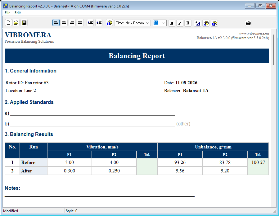 Built-in report editor displaying a completed balancing protocol with the print preview and zoom controls