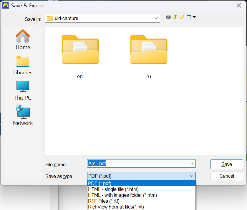 Export dialog offering PDF, HTML as a single file, HTML with an image folder, RTF and RVF output