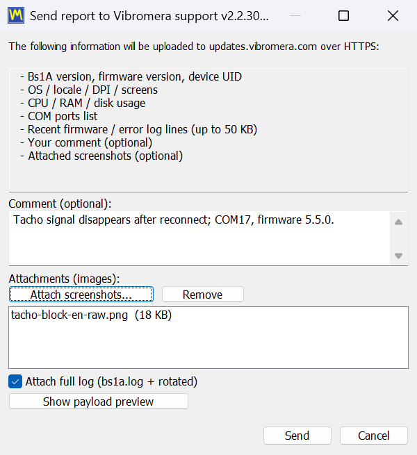 The support report dialog with the comment field, the screenshot attachment list, the full-log checkbox and the payload preview button