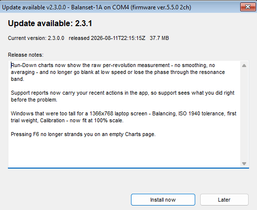 The update installation window listing the new version number, the current version, the release date, the download size and the release notes