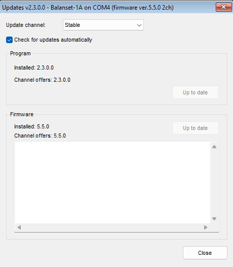 The Updates window with the Stable channel selected, showing the Program block and the Firmware block for a connected device