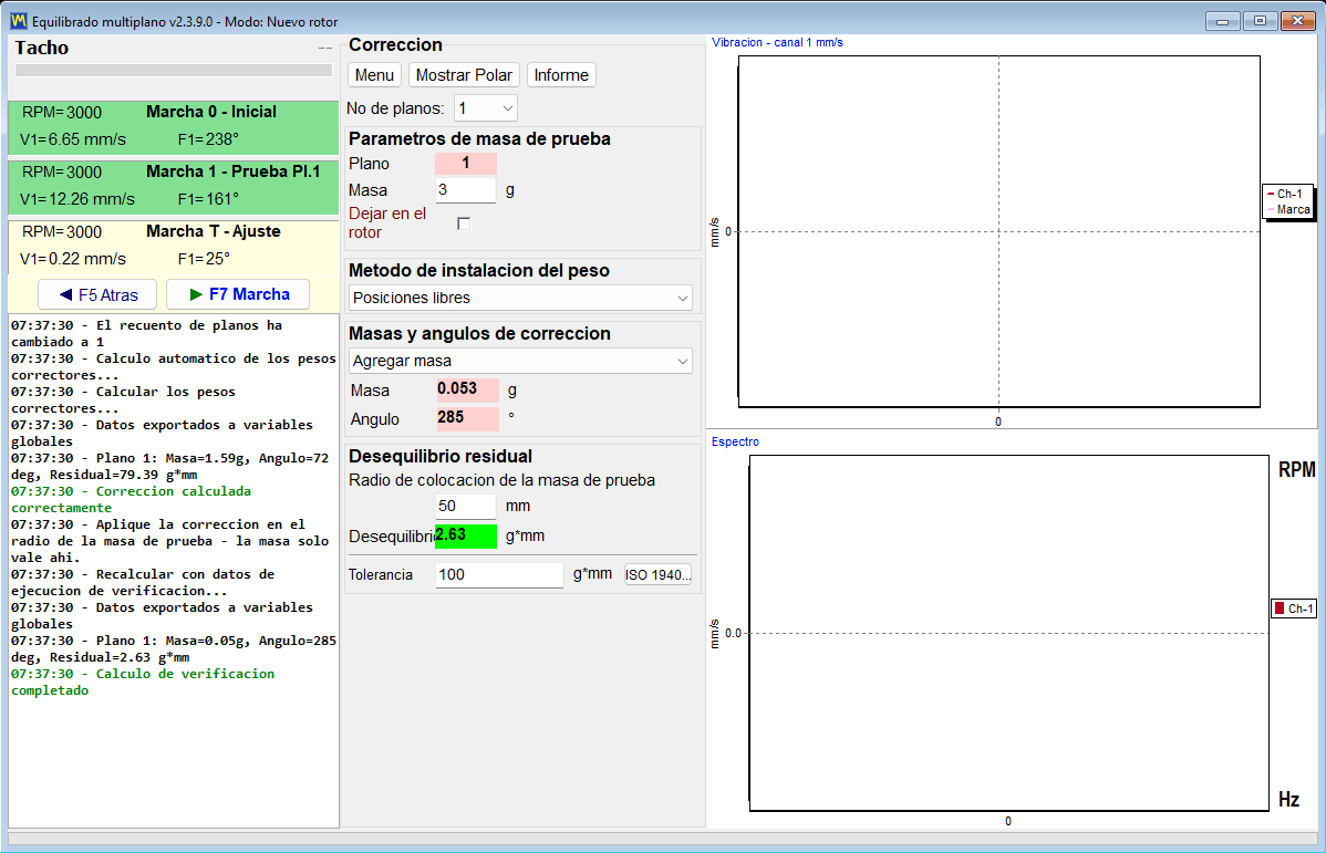 Ventana Multi-plane Balancing en modo de un solo plano tras la ejecución de ajuste, con las tarjetas Run 0, Run 1 y Run T, masa y ángulo de corrección, y el desequilibrio residual resaltado en verde frente a la tolerancia