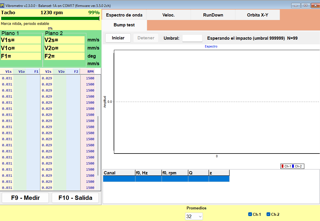 Bump test tab armed and waiting for an impact, with the background level measured and the trigger ready