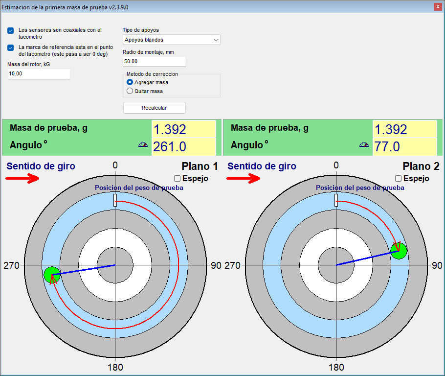 First trial weight estimate window of the Balanset software: rotor mass, support type and radius as inputs, suggested trial mass and angle drawn on polar diagrams