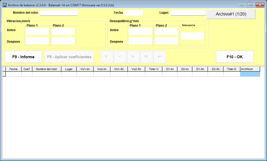 Archive window with a record marked by a green V in the Coeff column and the F5 - Apply coefficients button available
