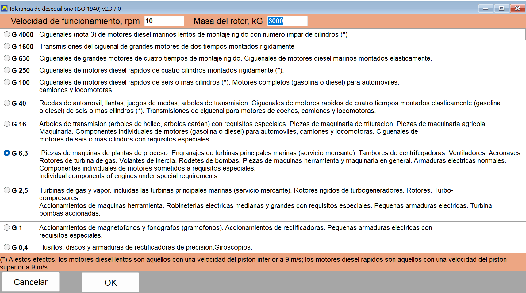 Diálogo de tolerancia ISO 1940 del software Balanset: lista de grados G con tipos de rotor típicos, campos de velocidad y masa del rotor