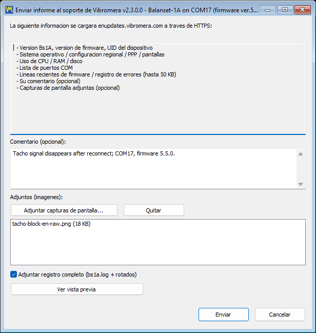 The support report dialog with the comment field, the screenshot attachment list, the full-log checkbox and the payload preview button