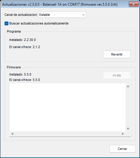 The Updates window with the Stable channel selected, showing the Program block and the Firmware block for a connected device