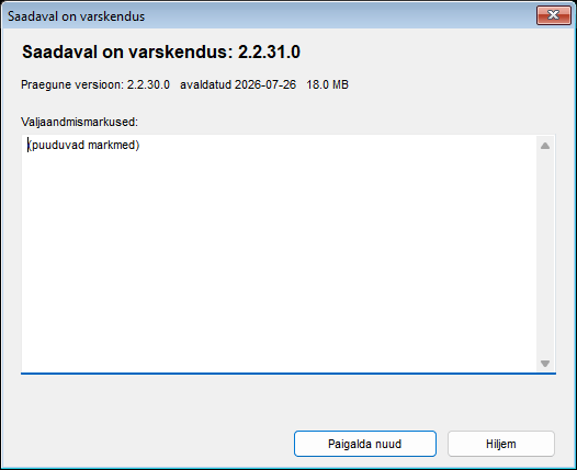 Uuenduse paigaldusaken, mis loetleb uue versiooninumbri, praeguse versiooni, väljalaskekuupäeva, allalaadimise suuruse ja väljalaskemärkmed