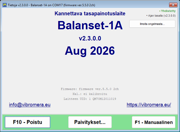 About-ikkuna, joka luettelee ohjelmaversion, laitteen laiteohjelmistoversion, kalibrointitilan, Device UID:n ja koontipäivämäärän