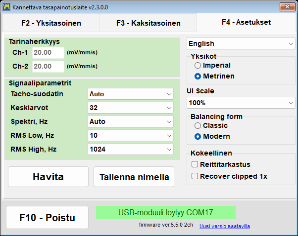 Balancing form -ryhmä asetusvälilehdellä, valittavina arvoina Classic ja Modern
